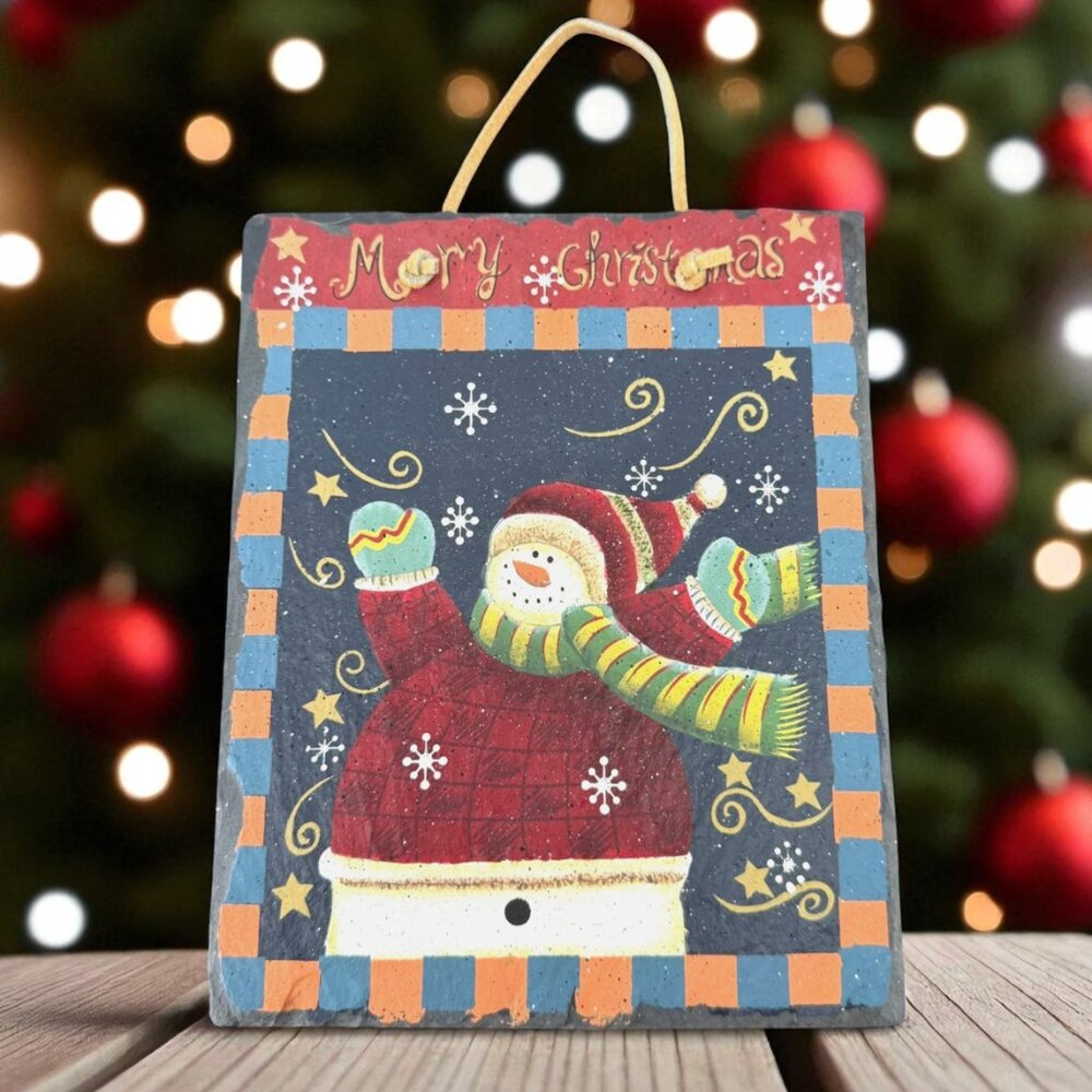 Snowman Slate Wall Hanging Merry Christmas Holiday Art Leather Strap 7.5" x 9.5"
